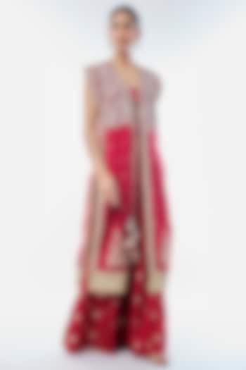 Red Tussar Embroidered Jacket-Style Kurta Set by GOPI VAID at Pernia's Pop Up Shop