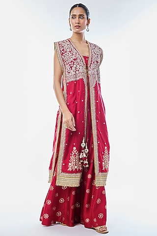 Red Tussar Embroidered Jacket-Style Kurta Set by GOPI VAID
