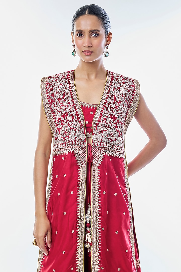 Red Tussar Embroidered Jacket-Style Kurta Set by GOPI VAID at Pernia's Pop Up Shop