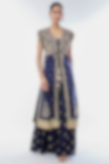 Blue Tussar Embroidered Jacket-Style Kurta Set by GOPI VAID at Pernia's Pop Up Shop