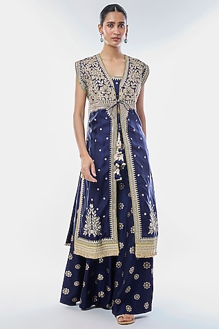 Blue Tussar Embroidered Jacket-Style Kurta Set by GOPI VAID