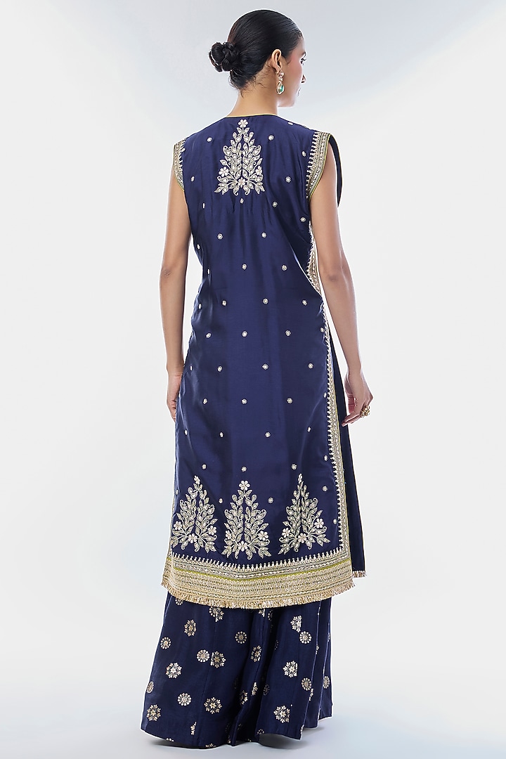 Blue Tussar Embroidered Jacket-Style Kurta Set by GOPI VAID at Pernia's Pop Up Shop