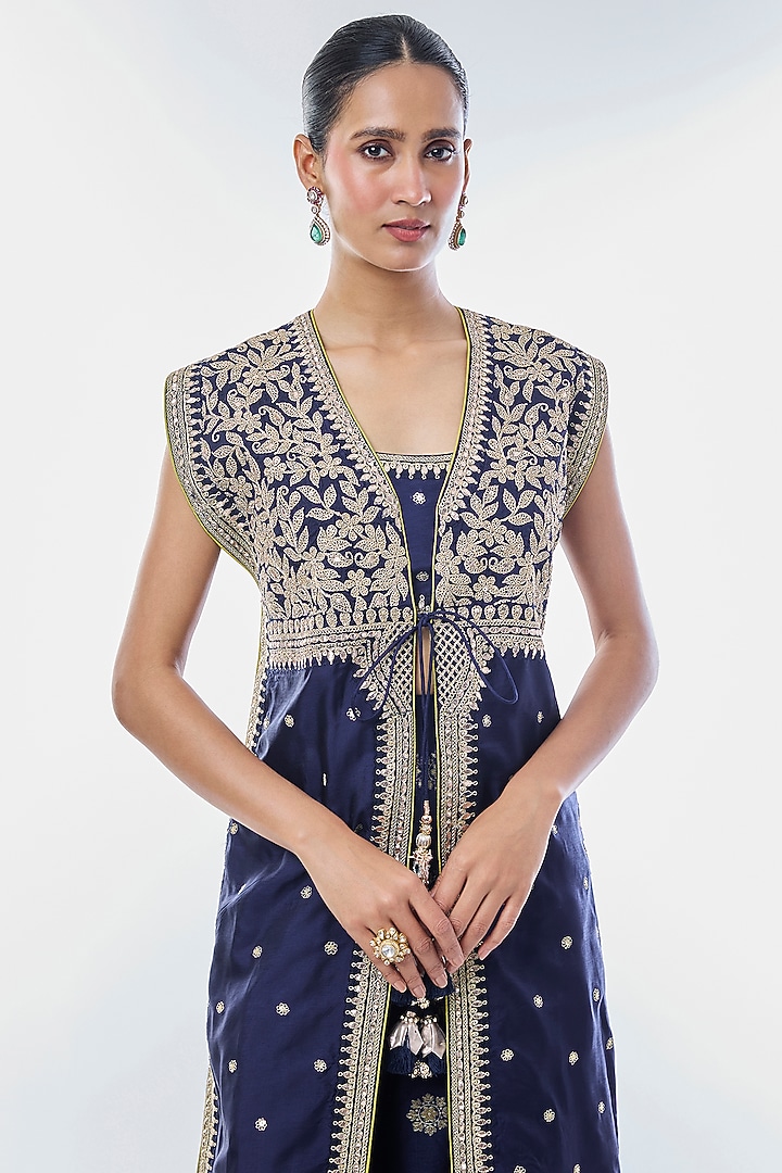 Blue Tussar Embroidered Jacket-Style Kurta Set by GOPI VAID at Pernia's Pop Up Shop