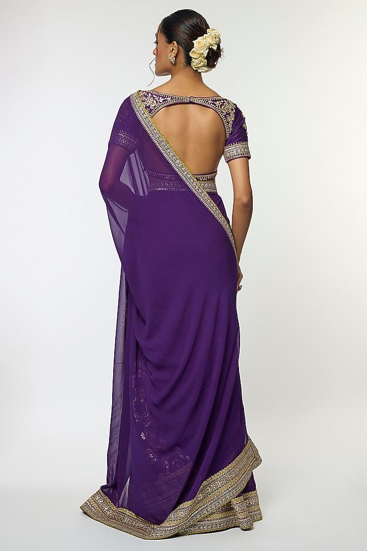 Purple Georgette & Tussar Embroidered Reception Saree Set by GOPI VAID at Pernia's Pop Up Shop