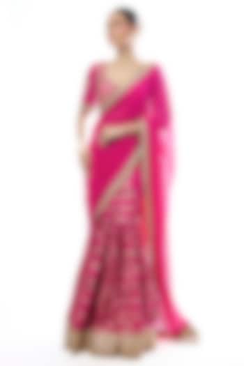 Pink Tussar & Georgette Embroidered Reception Saree Set by GOPI VAID at Pernia's Pop Up Shop