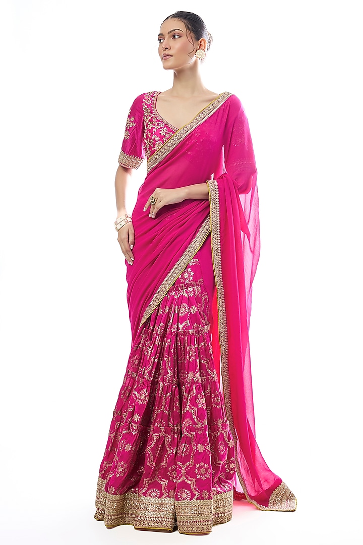 Pink Tussar & Georgette Embroidered Reception Saree Set by GOPI VAID at Pernia's Pop Up Shop