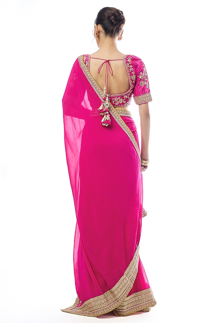 Pink Tussar & Georgette Embroidered Reception Saree Set by GOPI VAID at Pernia's Pop Up Shop