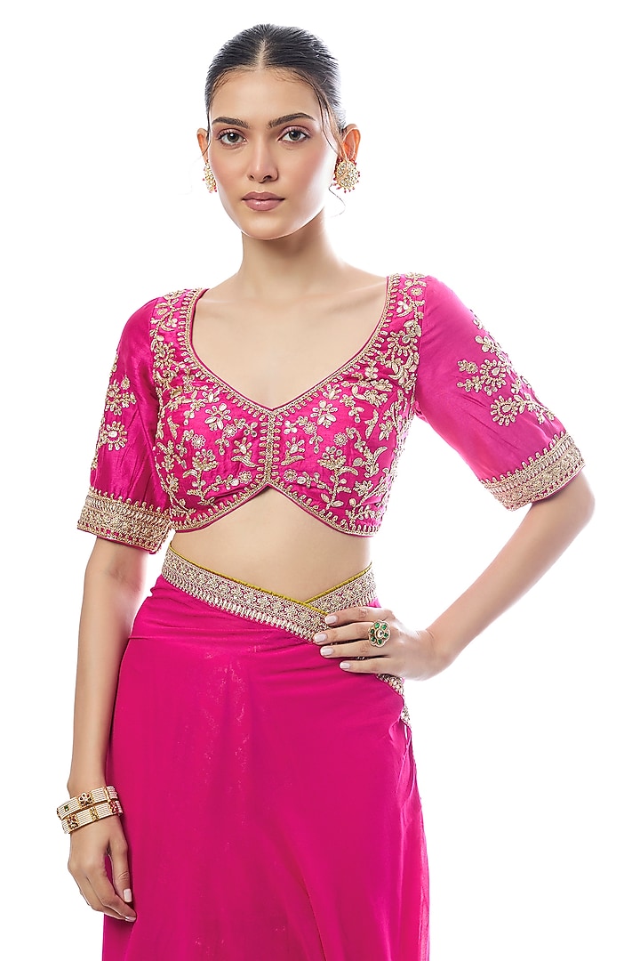 Pink Tussar & Georgette Embroidered Reception Saree Set by GOPI VAID at Pernia's Pop Up Shop
