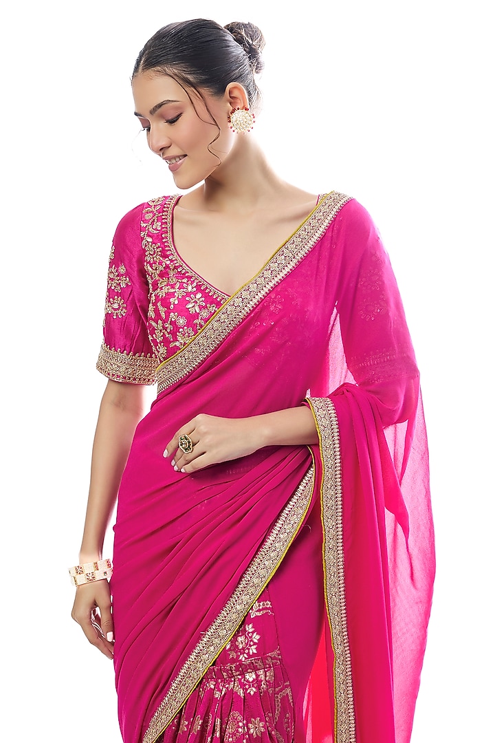 Pink Tussar & Georgette Embroidered Reception Saree Set by GOPI VAID at Pernia's Pop Up Shop