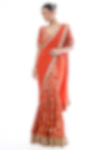 Orange Tussar & Georgette Embroidered Reception Saree Set by GOPI VAID at Pernia's Pop Up Shop