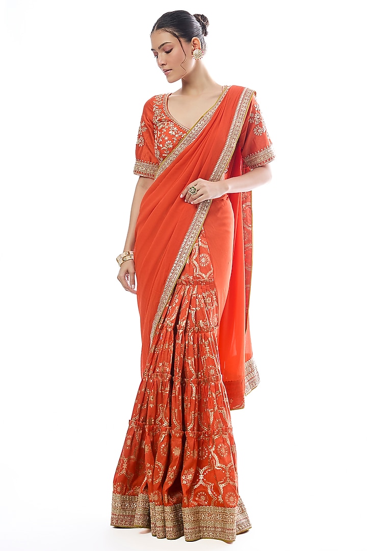 Orange Tussar & Georgette Embroidered Reception Saree Set by GOPI VAID at Pernia's Pop Up Shop