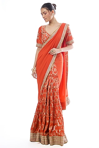 Orange Tussar & Georgette Embroidered Saree Set by GOPI VAID