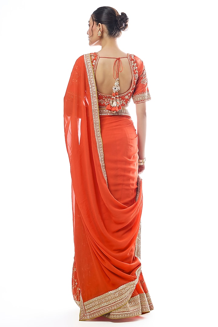 Orange Tussar & Georgette Embroidered Reception Saree Set by GOPI VAID at Pernia's Pop Up Shop