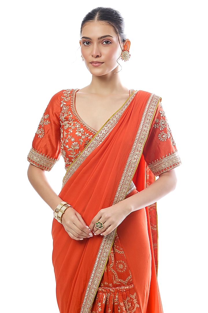 Orange Tussar & Georgette Embroidered Reception Saree Set by GOPI VAID at Pernia's Pop Up Shop