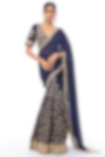 Blue Tussar & Georgette Embroidered Reception Saree Set by GOPI VAID at Pernia's Pop Up Shop