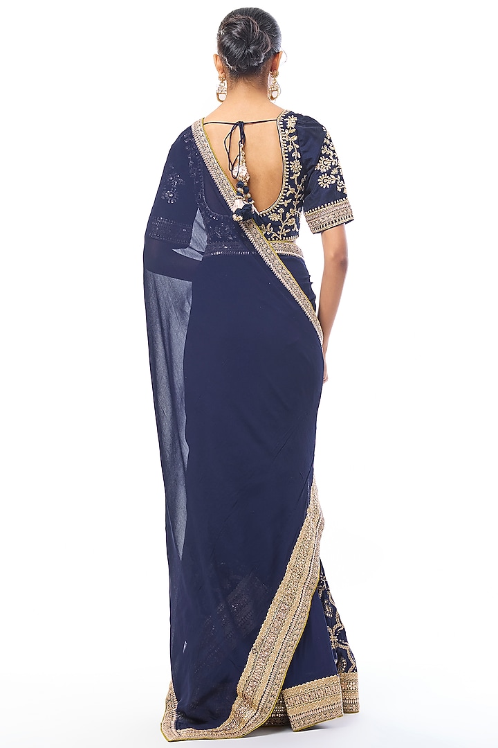 Blue Tussar & Georgette Embroidered Reception Saree Set by GOPI VAID at Pernia's Pop Up Shop