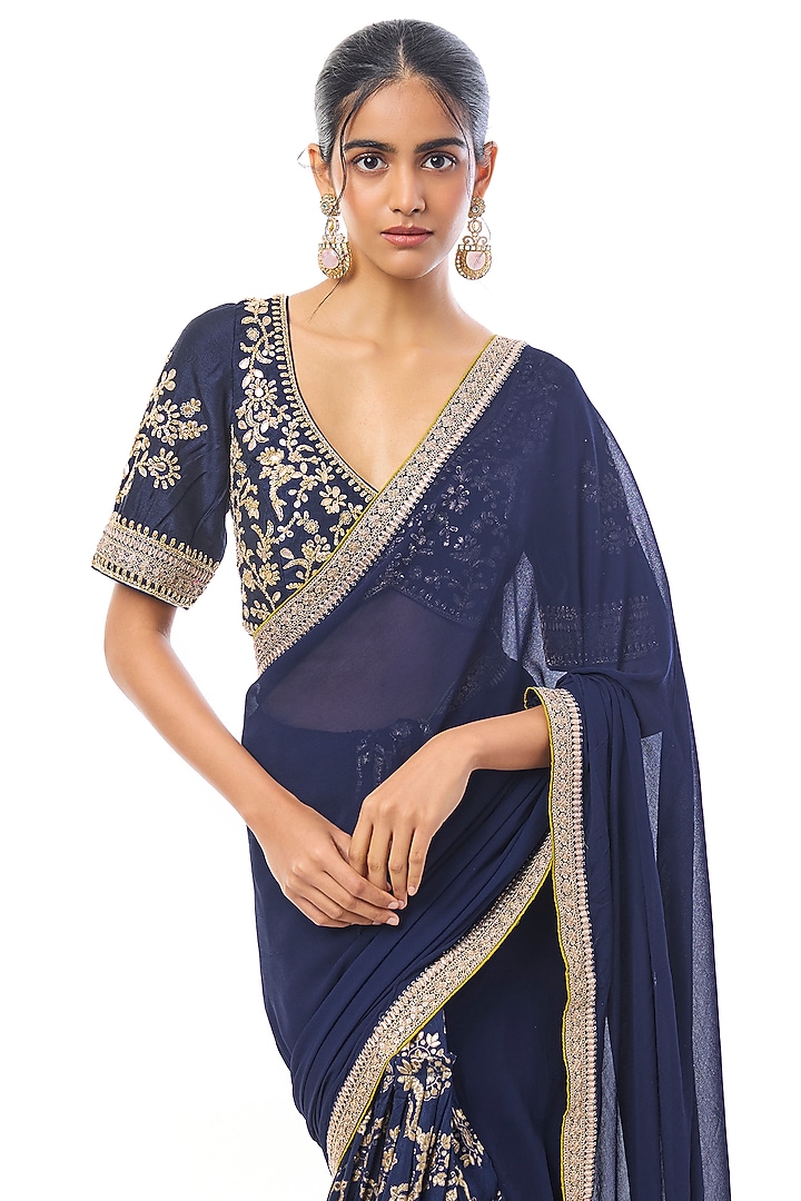 Blue Tussar & Georgette Embroidered Reception Saree Set by GOPI VAID at Pernia's Pop Up Shop