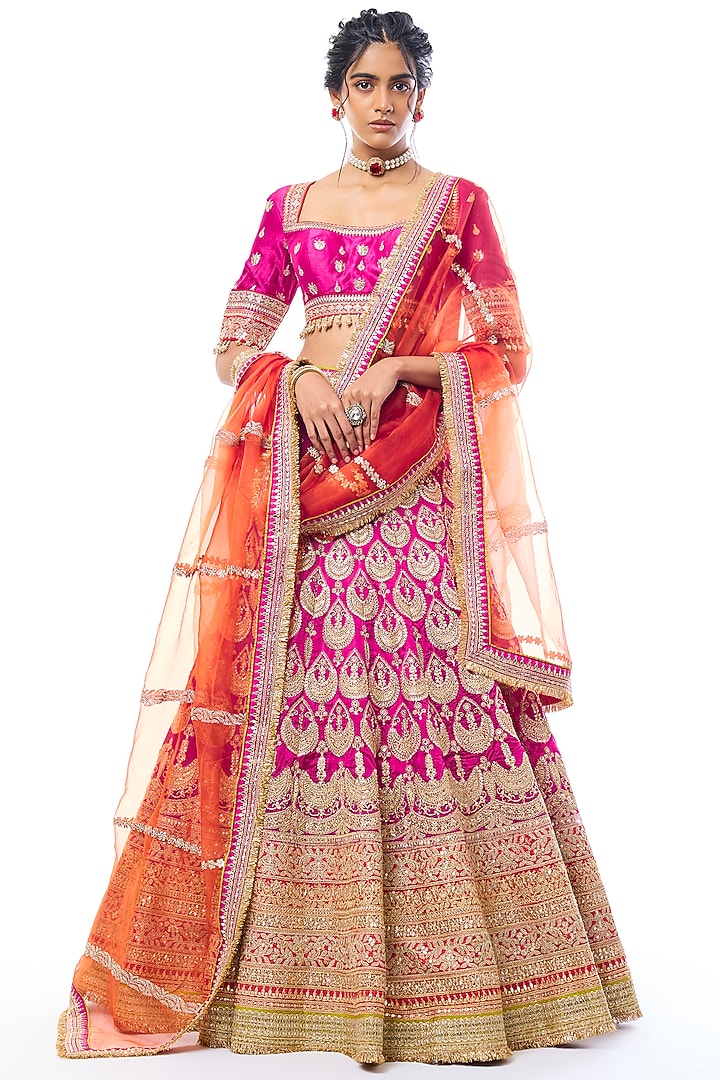Rani Pink Tussar Thread Work Bridal Lehenga Set by GOPI VAID at Pernia's Pop Up Shop