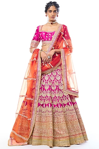 Rani Pink Tussar Thread Work Lehenga Set by GOPI VAID