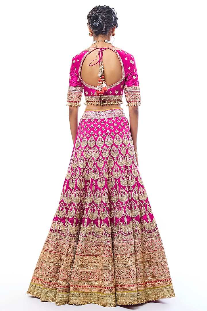 Rani Pink Tussar Thread Work Bridal Lehenga Set by GOPI VAID at Pernia's Pop Up Shop