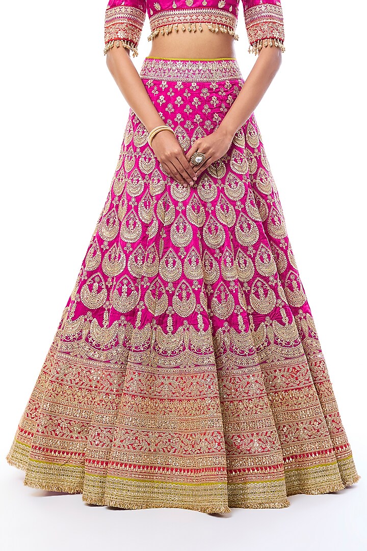 Rani Pink Tussar Thread Work Bridal Lehenga Set by GOPI VAID at Pernia's Pop Up Shop