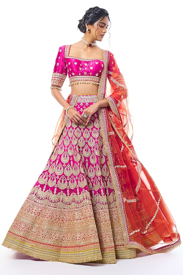 Rani Pink Tussar Thread Work Bridal Lehenga Set by GOPI VAID at Pernia's Pop Up Shop