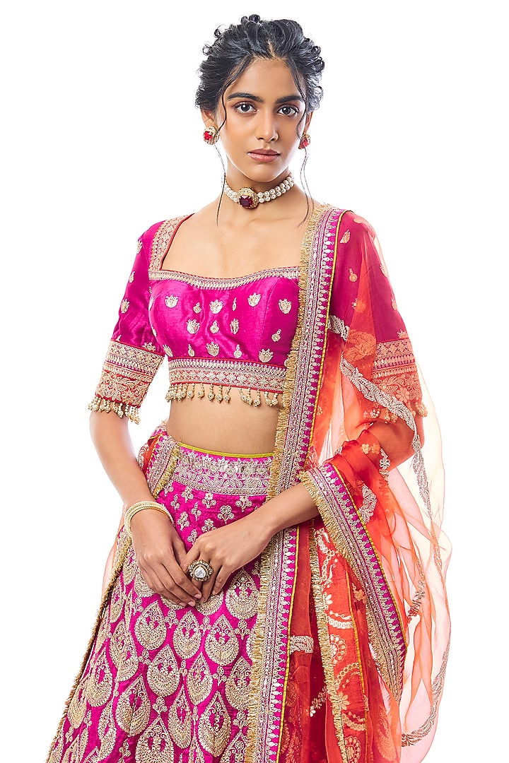 Rani Pink Tussar Thread Work Bridal Lehenga Set by GOPI VAID at Pernia's Pop Up Shop