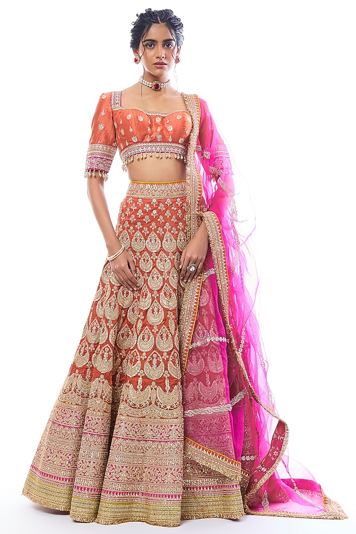 Orange Tussar Thread Work Bridal Lehenga Set by GOPI VAID at Pernia's Pop Up Shop