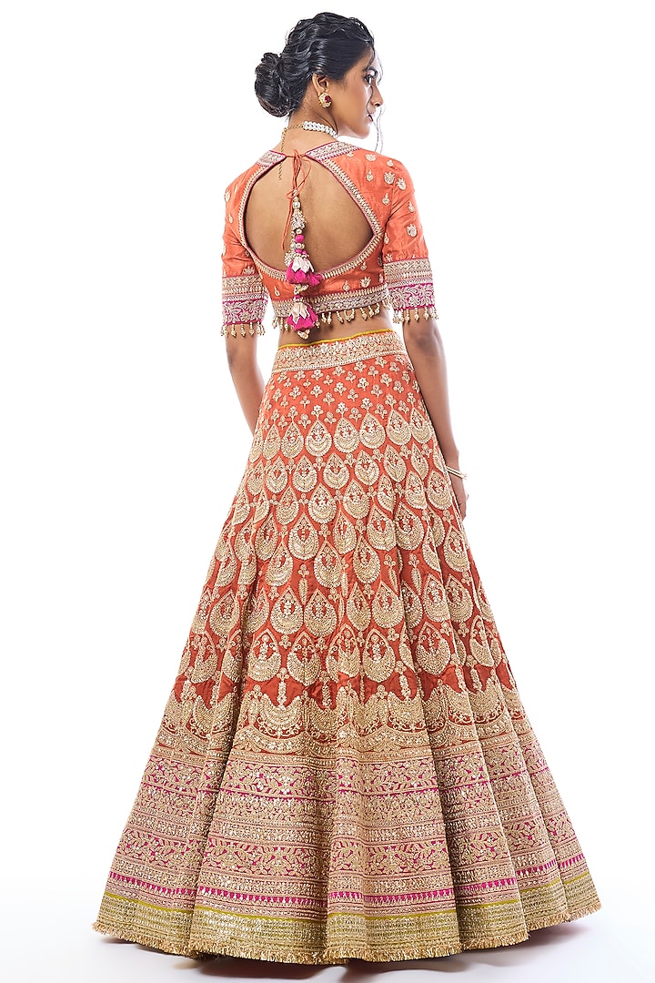 Orange Tussar Thread Work Bridal Lehenga Set by GOPI VAID at Pernia's Pop Up Shop