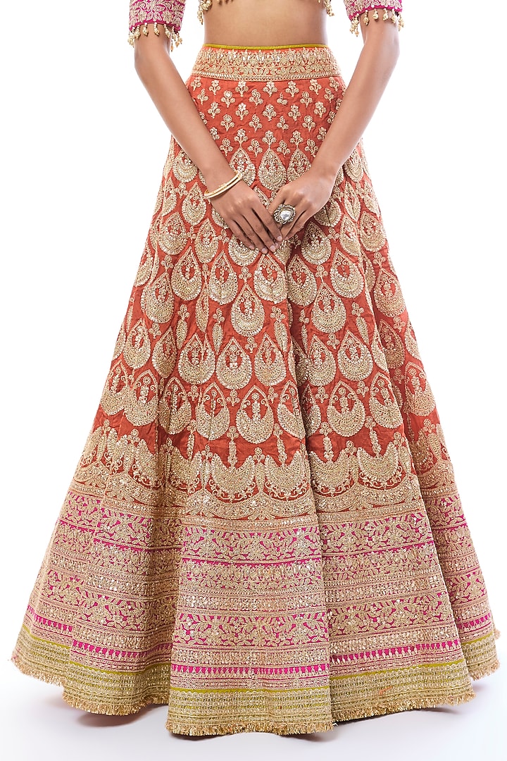 Orange Tussar Thread Work Bridal Lehenga Set by GOPI VAID at Pernia's Pop Up Shop