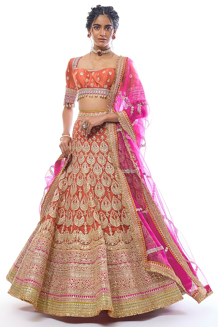 Orange Tussar Thread Work Bridal Lehenga Set by GOPI VAID at Pernia's Pop Up Shop