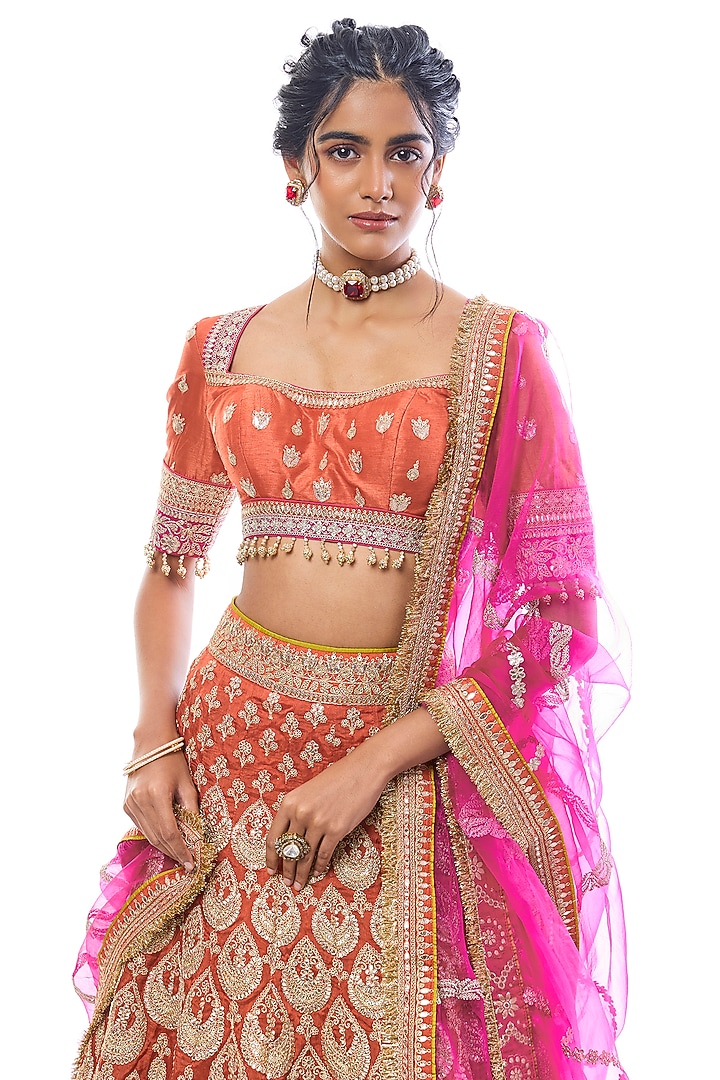 Orange Tussar Thread Work Bridal Lehenga Set by GOPI VAID at Pernia's Pop Up Shop