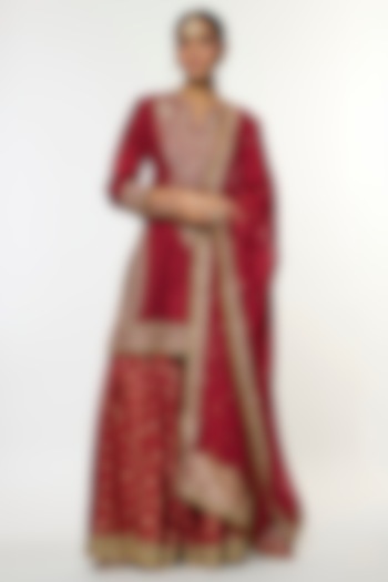 Red Tussar Embroidered Wedding Sharara Set by GOPI VAID at Pernia's Pop Up Shop