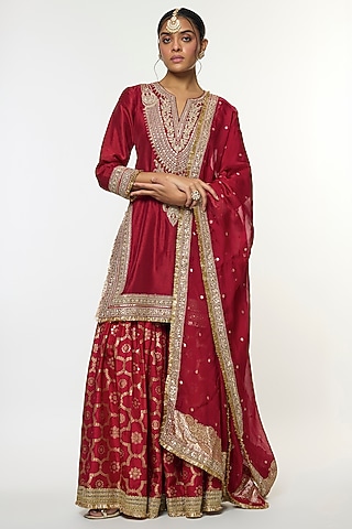 Red Tussar Embroidered Sharara Set by GOPI VAID