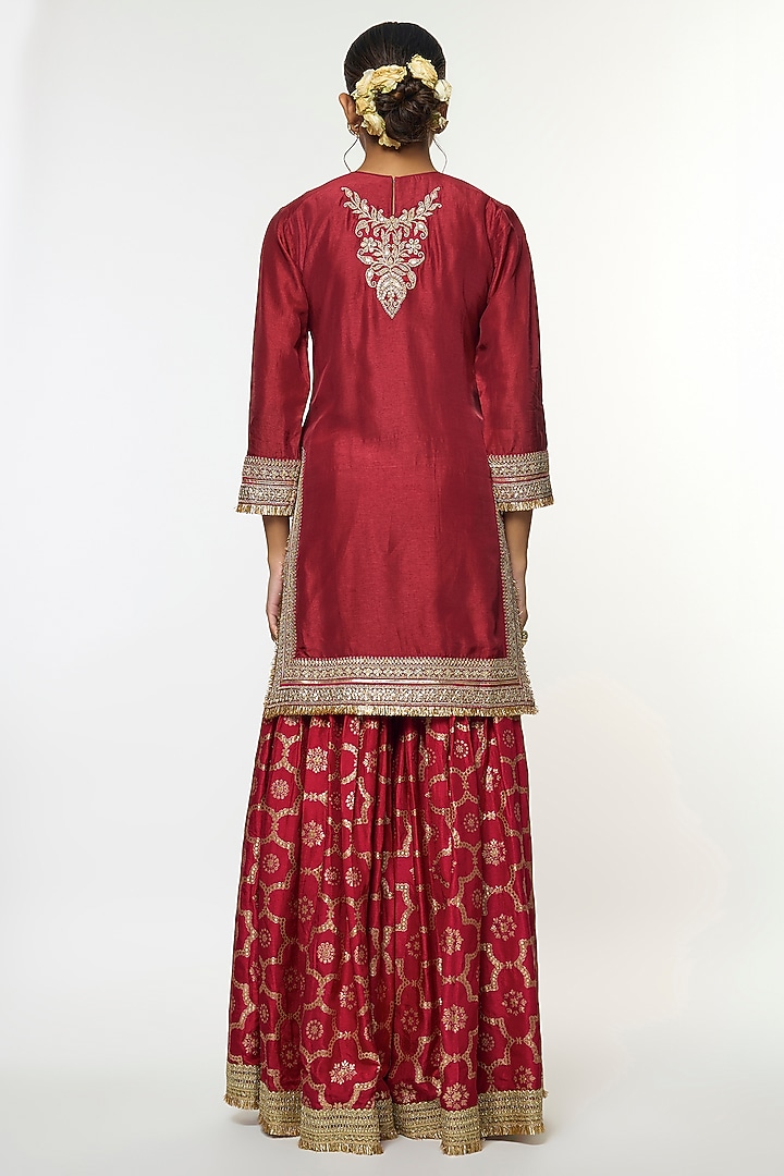 Red Tussar Embroidered Wedding Sharara Set by GOPI VAID at Pernia's Pop Up Shop