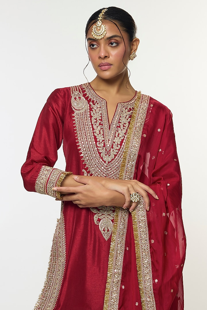 Red Tussar Embroidered Wedding Sharara Set by GOPI VAID at Pernia's Pop Up Shop