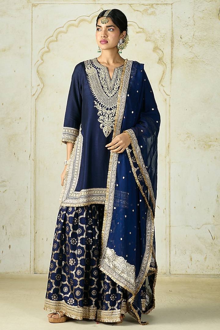 Navy Tussar Embroidered Wedding Sharara Set by GOPI VAID at Pernia's Pop Up Shop