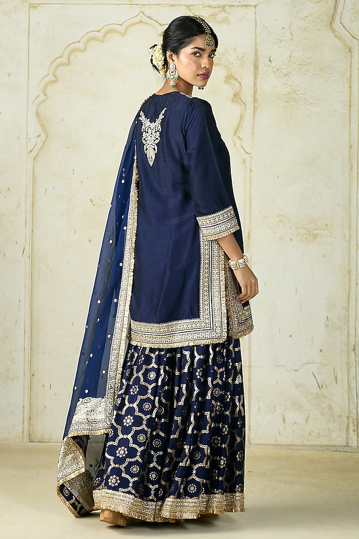 Navy Tussar Embroidered Wedding Sharara Set by GOPI VAID at Pernia's Pop Up Shop