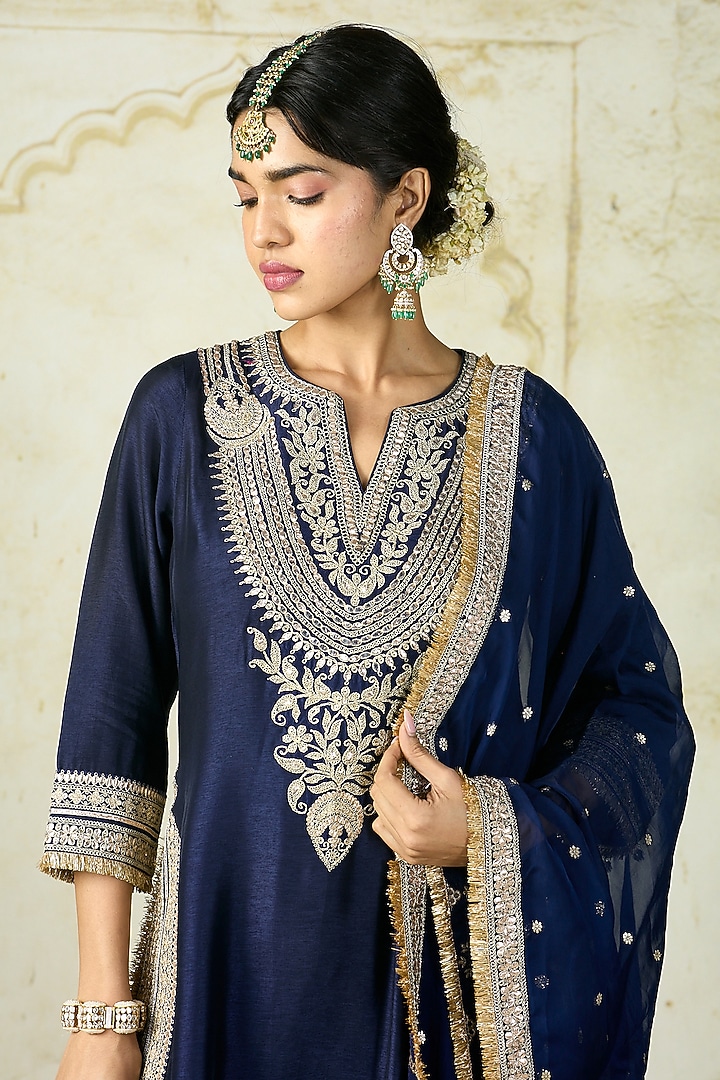 Navy Tussar Embroidered Wedding Sharara Set by GOPI VAID at Pernia's Pop Up Shop