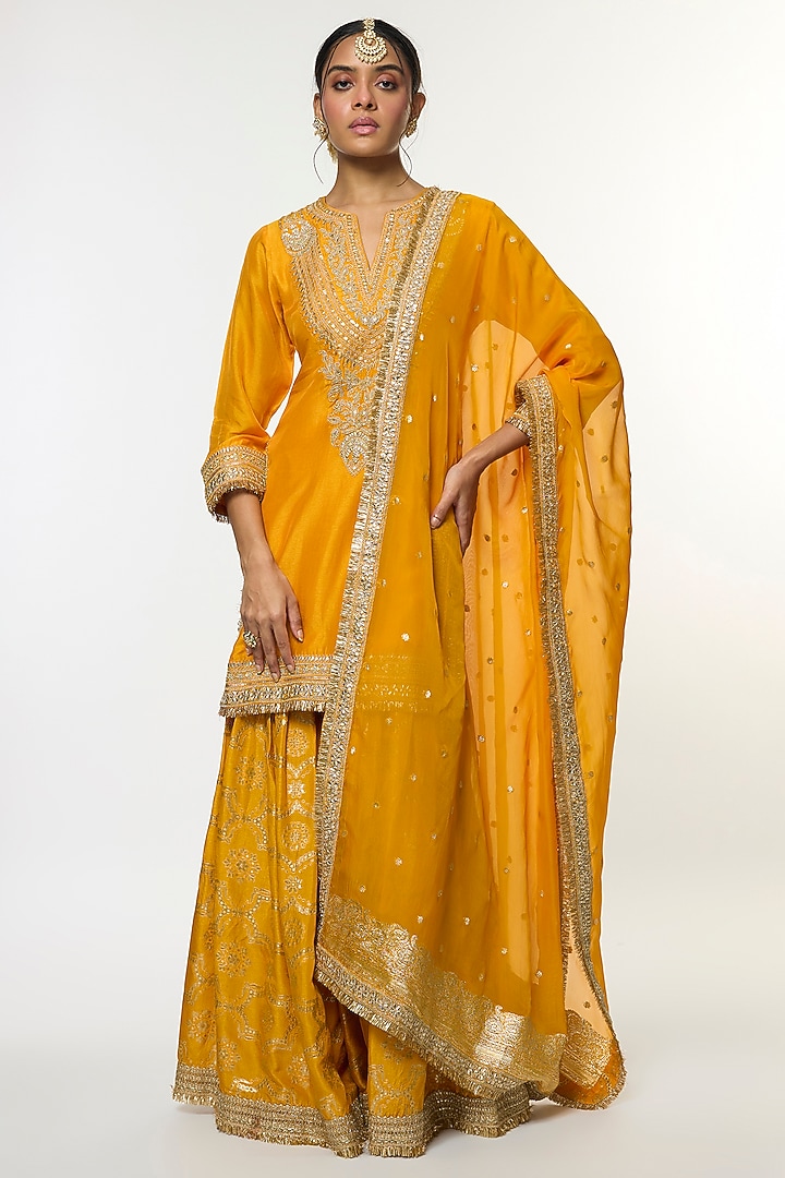 Yellow Tussar Embroidered Wedding Sharara Set by GOPI VAID at Pernia's Pop Up Shop