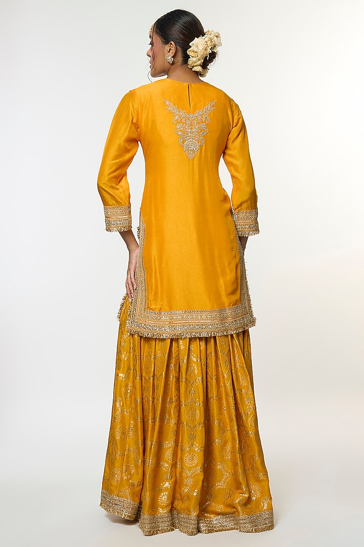 Yellow Tussar Embroidered Wedding Sharara Set by GOPI VAID at Pernia's Pop Up Shop