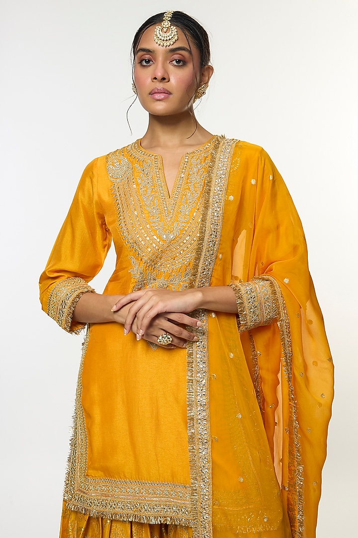 Yellow Tussar Embroidered Wedding Sharara Set by GOPI VAID at Pernia's Pop Up Shop