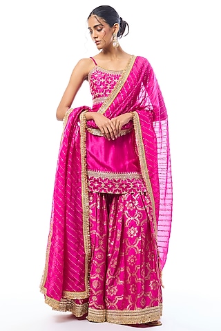 Pink Tussar Embellished Sharara Set by GOPI VAID