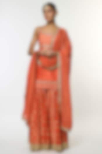 Orange Tussar Embroidered Wedding Sharara Set by GOPI VAID at Pernia's Pop Up Shop