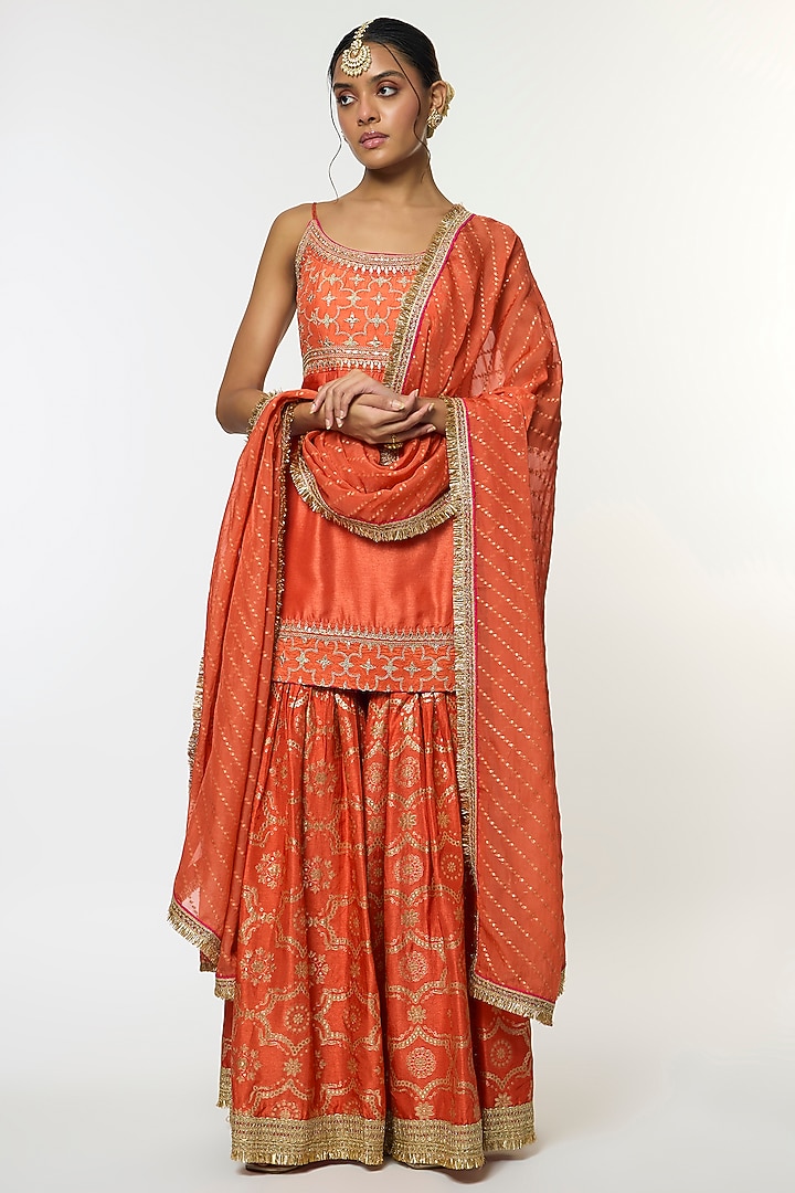 Orange Tussar Embroidered Wedding Sharara Set by GOPI VAID at Pernia's Pop Up Shop