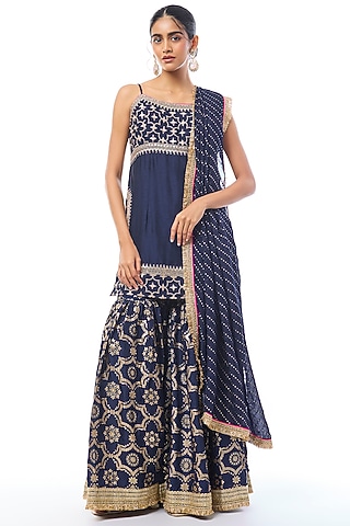Blue Tussar Embellished Sharara Set by GOPI VAID