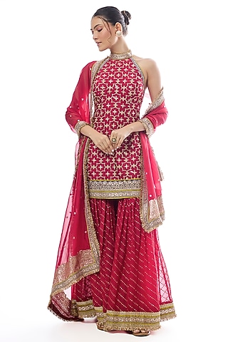 Red Organza Embroidered Sharara Set by GOPI VAID