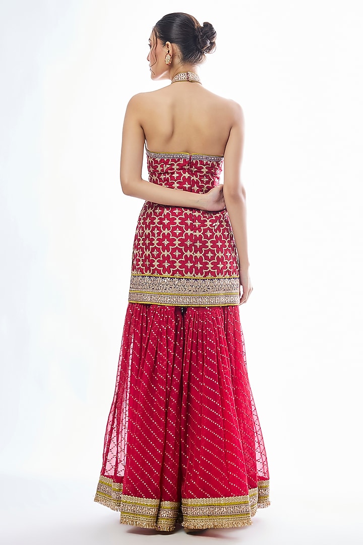 Red Organza Embroidered Wedding Sharara Set by GOPI VAID at Pernia's Pop Up Shop