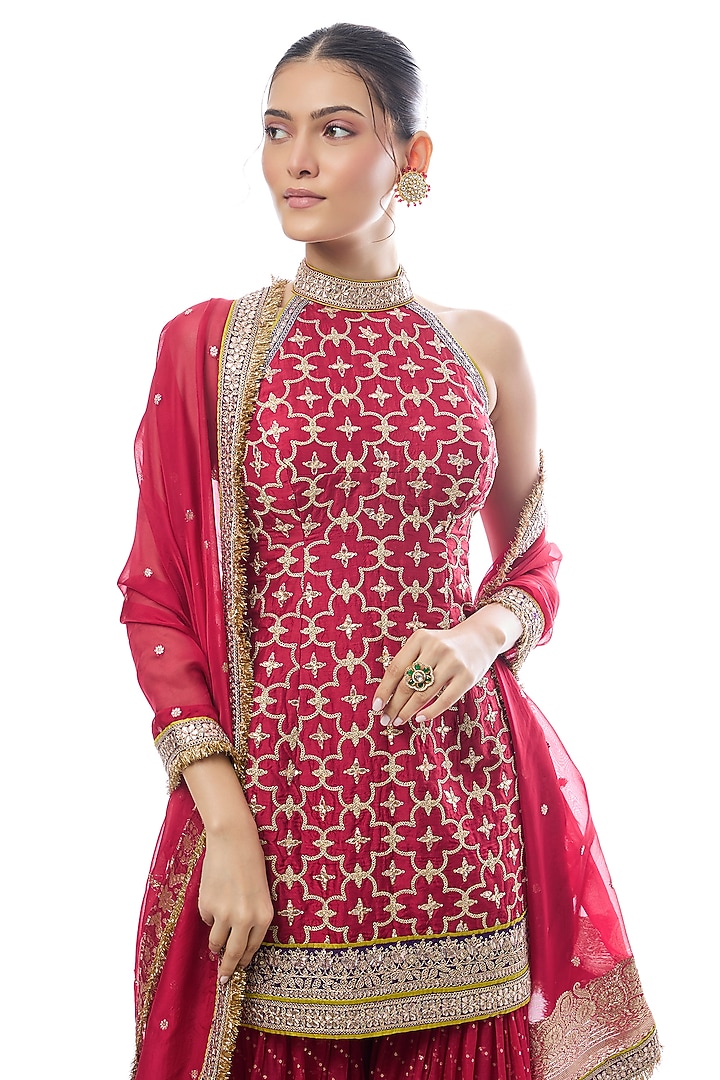 Red Organza Embroidered Wedding Sharara Set by GOPI VAID at Pernia's Pop Up Shop