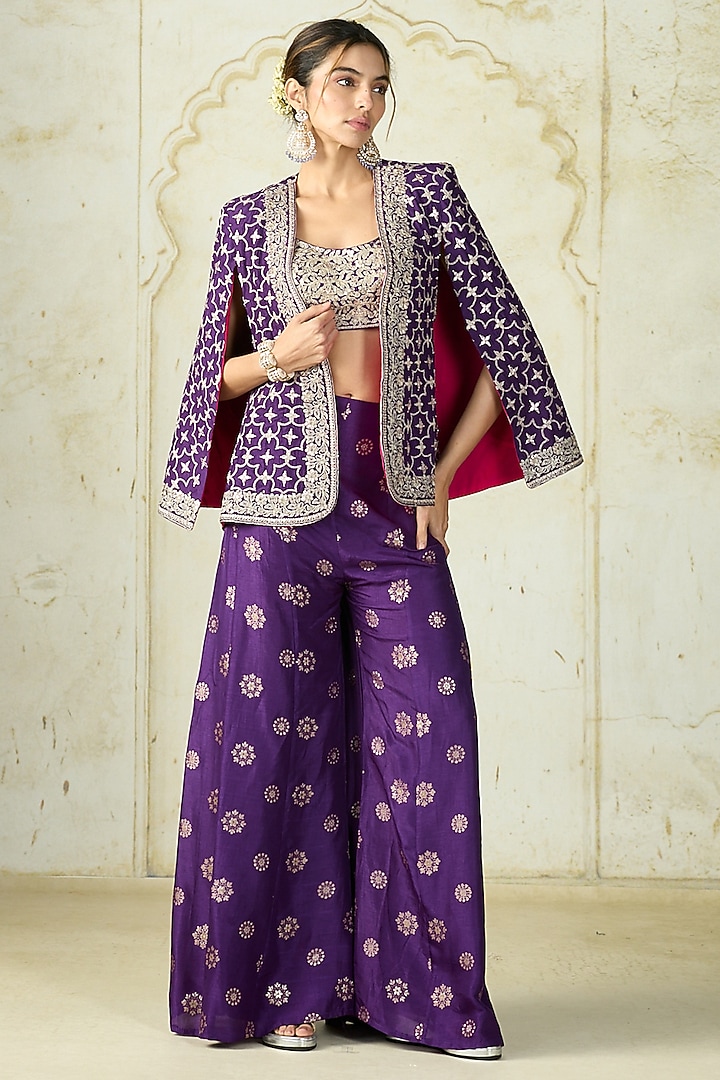 Purple Tussar Embroidered Cape Jacket Set by GOPI VAID at Pernia's Pop Up Shop